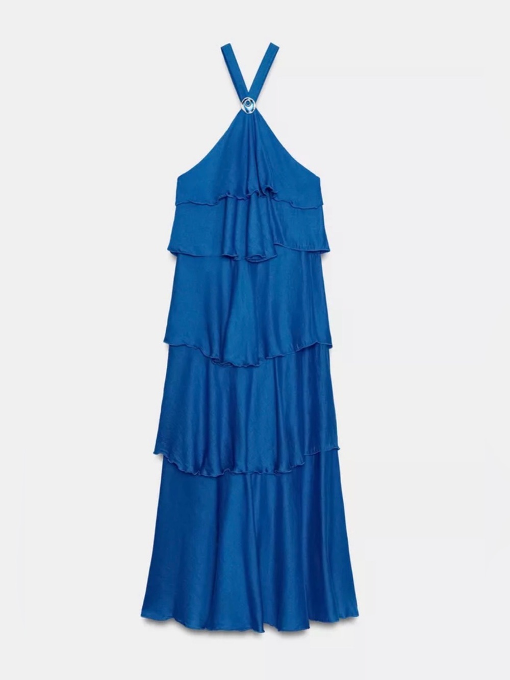 Zara - Tiered Halter Maxi Dress in Cobalt Blue with gold appliqué front detail